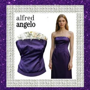 Formal Rhinestone Embellished Bodice  Strapless Purple Satin Long Gown Dress